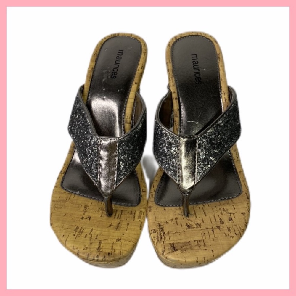 Maurices Silver Glitter Wedge Sandals Sz 10